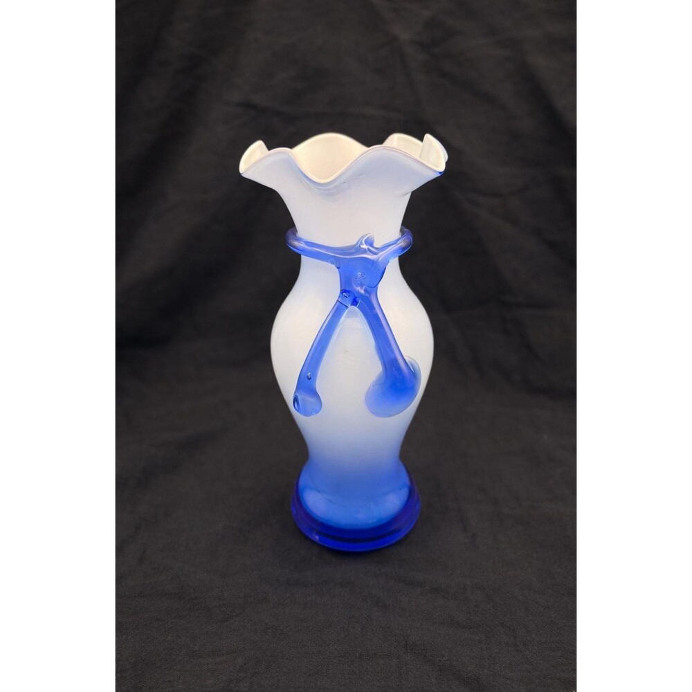 Blue White Art Glass Vase Frosted Satin Cobalt Trail 8 Inch